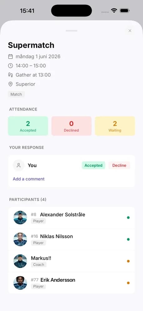 Event details and summons response in the app